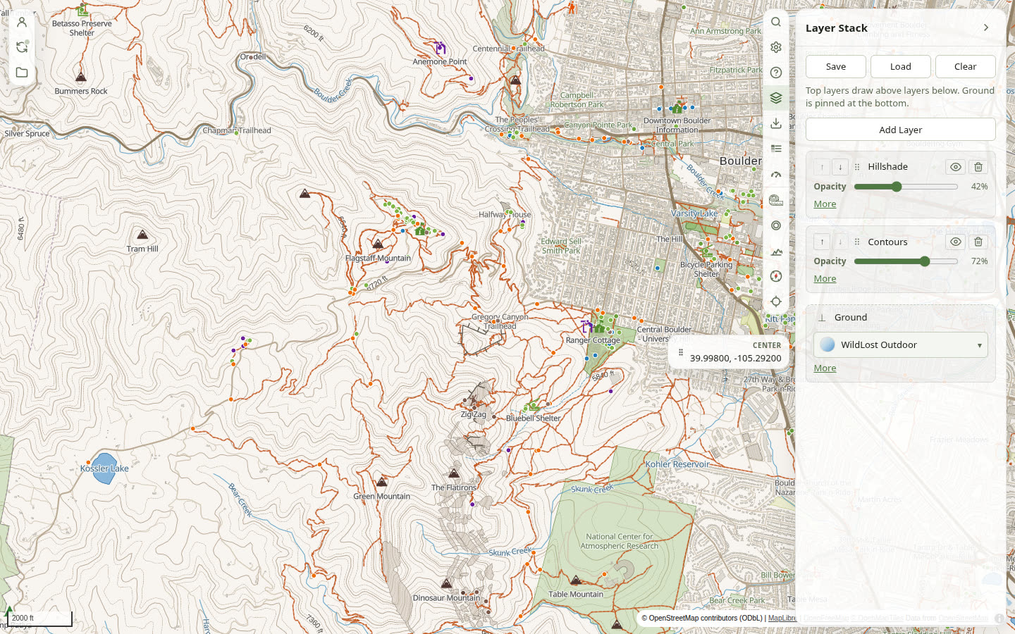 The same map with Layer Stack open, showing Hillshade and Contours over WildLost Rec ground.