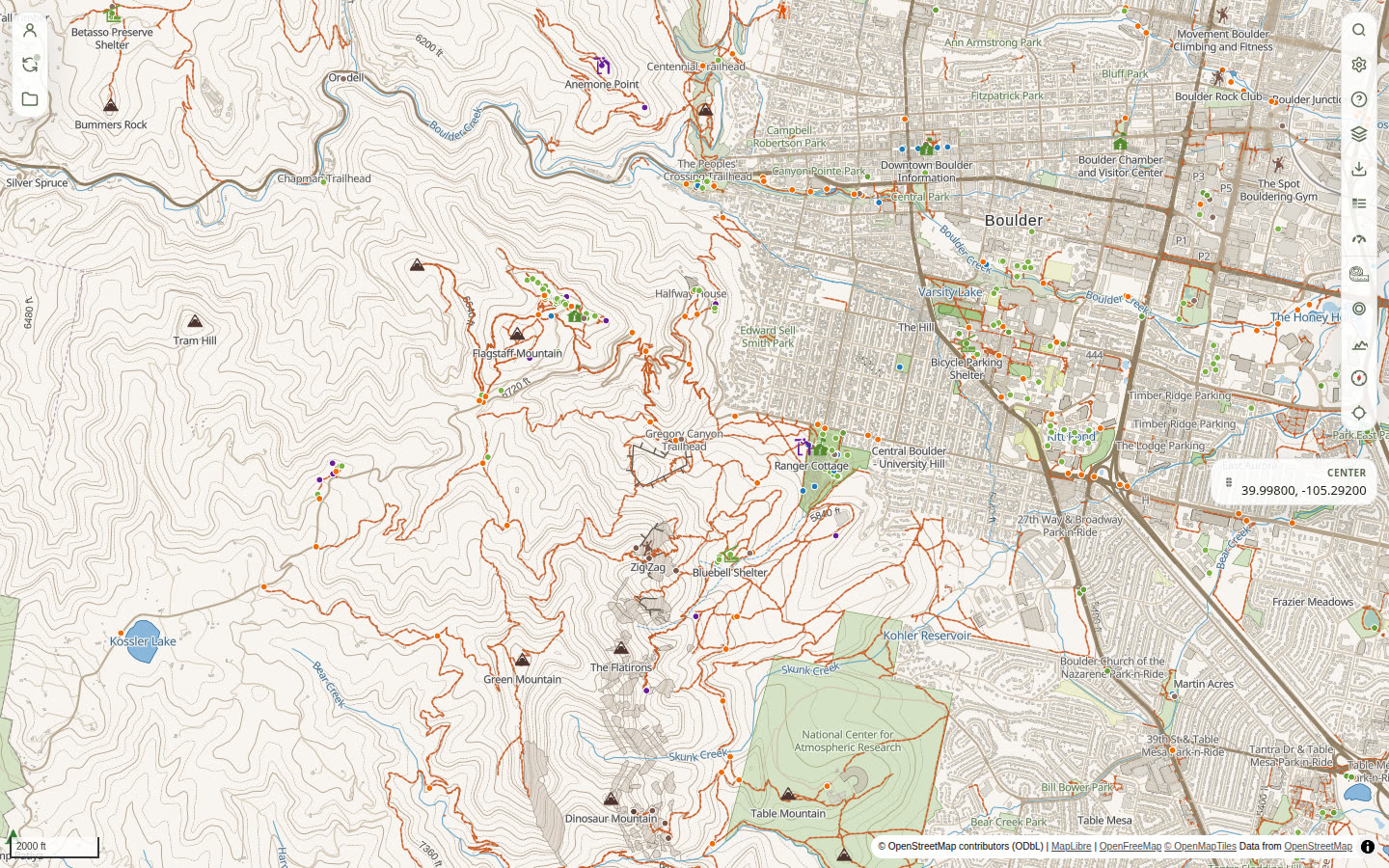 Wildlost map of the Flatirons west of Boulder, with contours, trails, and WildLost Rec as ground.